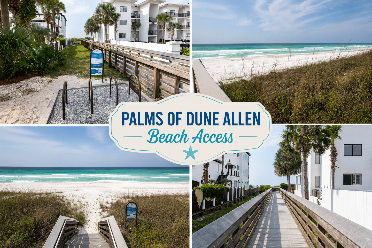 Palms of Dune Allen Beach Access provides convenient pedestrian access to the beach with bicycle parking available at the entrance. Please note there is no vehicle parking or restroom facilities at this access point.