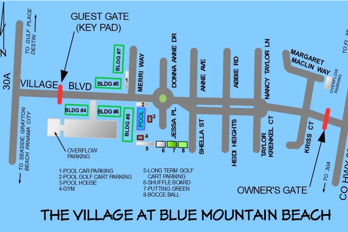 The community is located between Scenic Highway 30A and County Highway 83 in Blue Mountain Beach and includes condos, cottages, a resort-style pool, fitness area, and recreational courts.