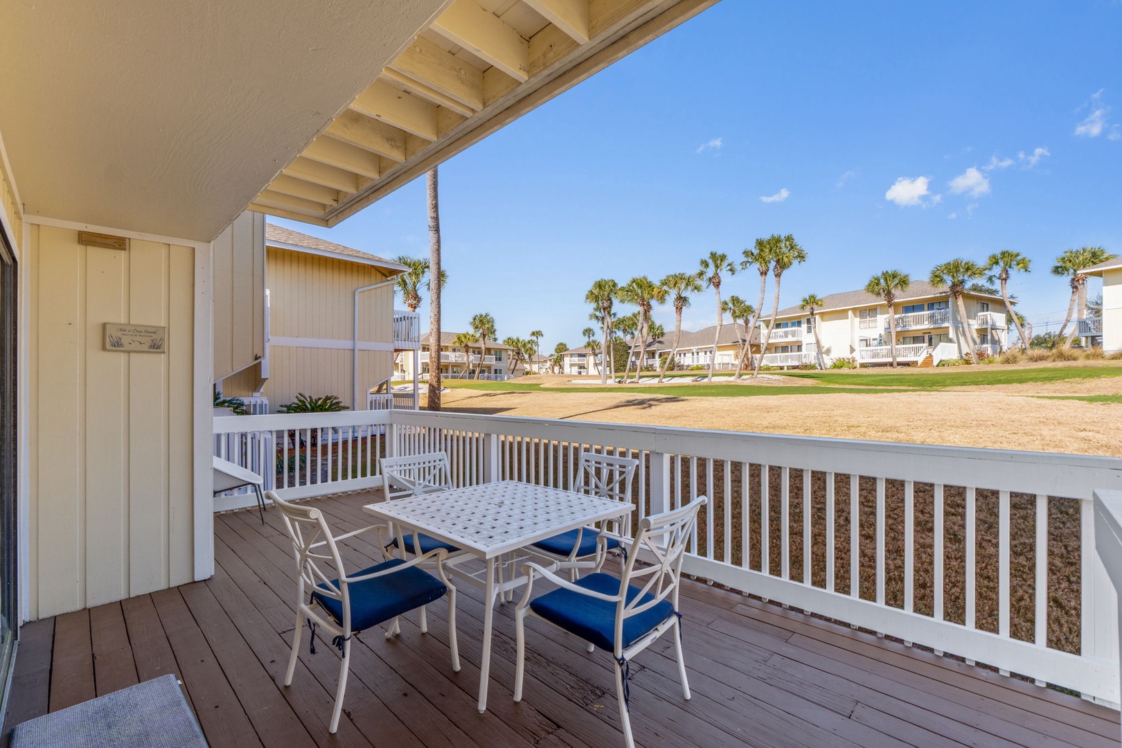 Relax on the private patio overlooking the golf course in beautiful Destin, Florida. Enjoy peaceful fairway views, coastal breezes, and a comfortable outdoor space perfect for morning coffee or unwinding after a day at the beach.