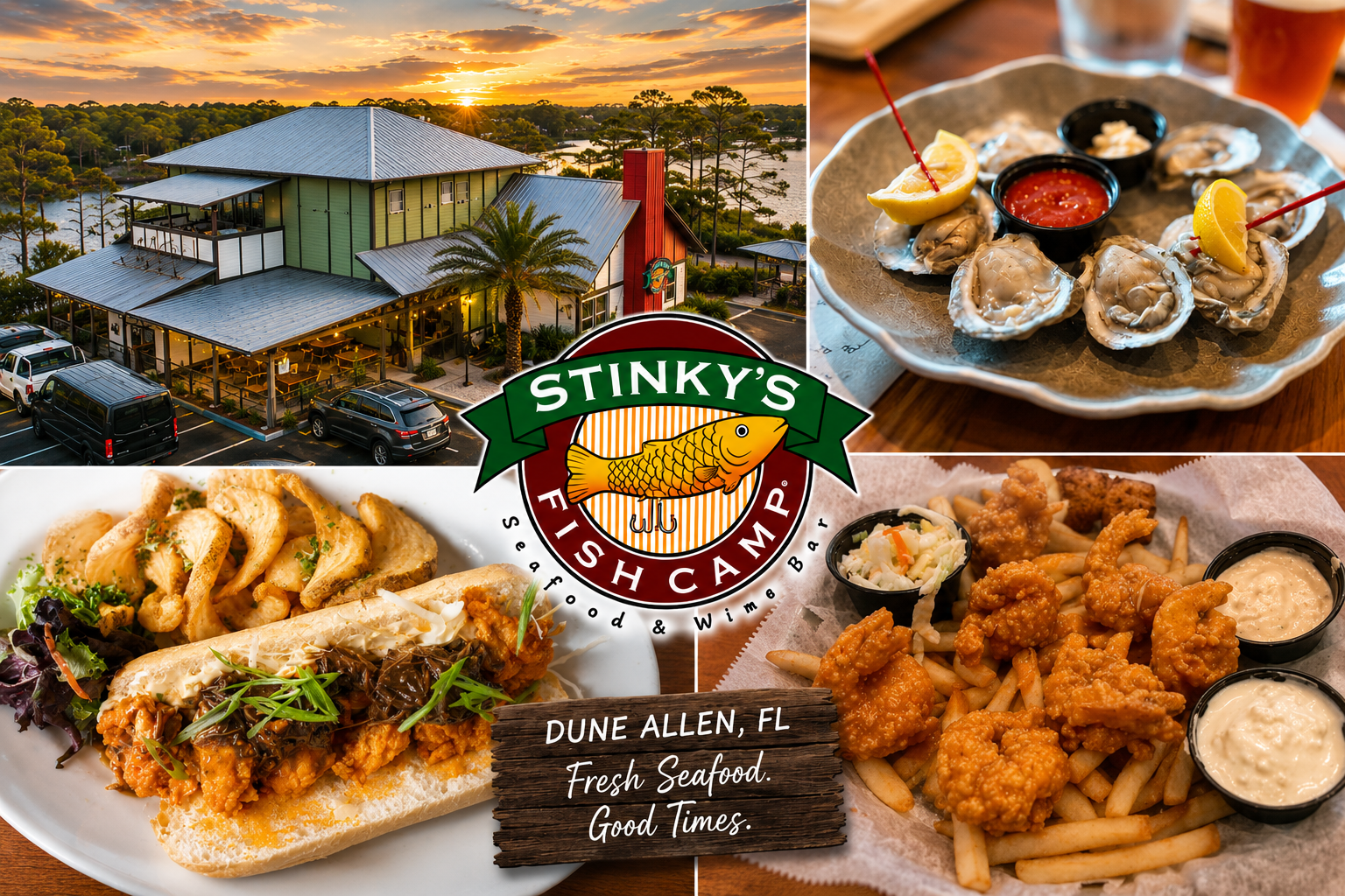 Stinky's Fish Camp is a popular, casual seafood spot located on Scenic Highway 30A in Santa Rosa Beach, Florida. Known for its fun motto, "With a name like Stinky's, it better be good," this lively restaurant sits right on a beautiful coastal dune lake.
