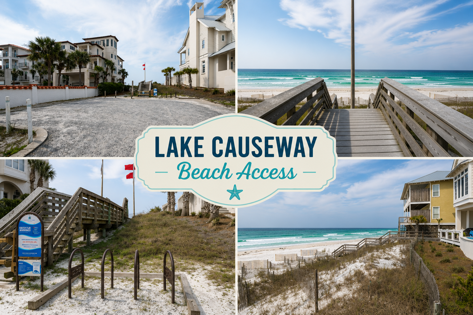 Lake Causeway Beach Access offers convenient public beach access with parking for both vehicles and bicycles. Enjoy easy access to the sugar-white sand and emerald Gulf waters. Please note that restrooms are not available.