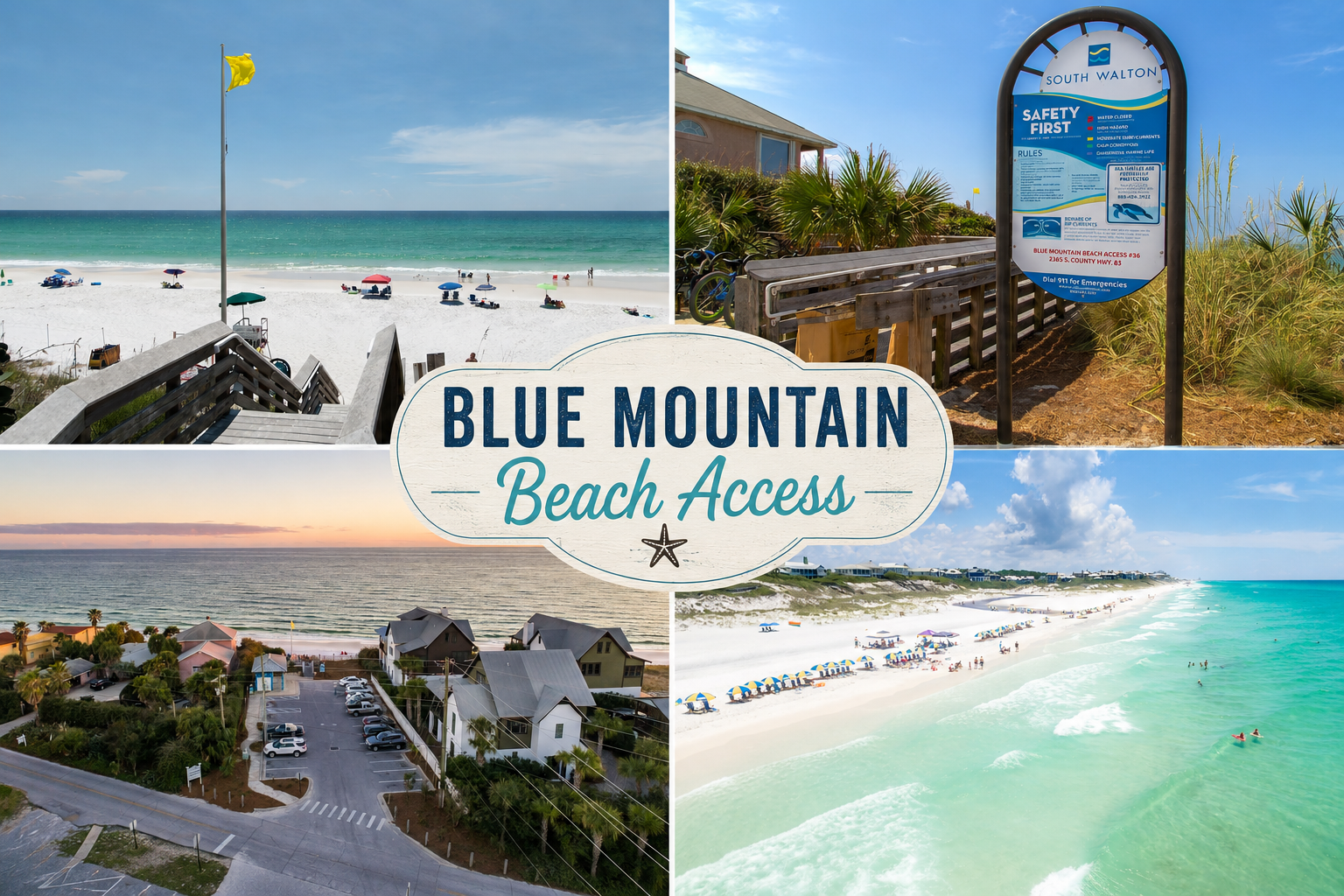 Blue Mountain Regional Beach Access is the main public beach entry for this area along Scenic 30A. Located at the intersection of Hwy 83 and 30A, it offers sugar-white sand, emerald waters, clean facilities, and convenient beach access.
