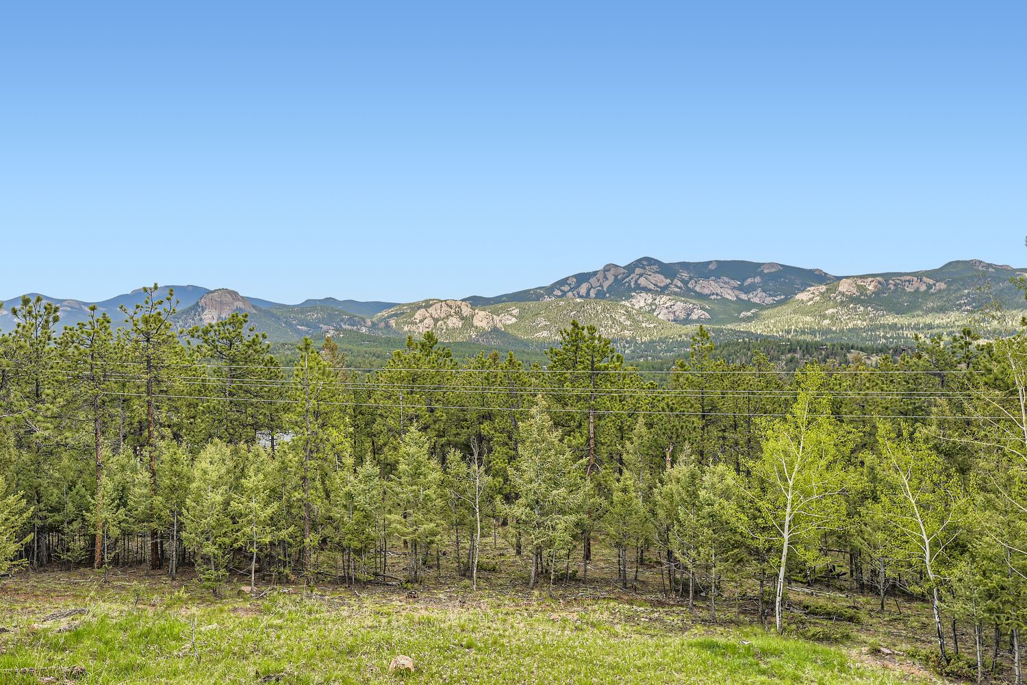 Stunning mountain landscape with forested foothills and clear blue skies surrounding the property area.