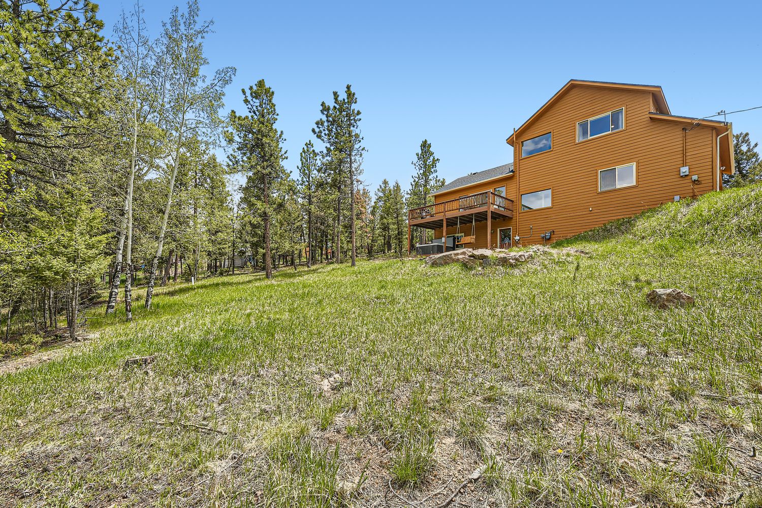 Modern mountain retreat nestled among towering pines and natural meadows, offering peaceful forest surroundings.