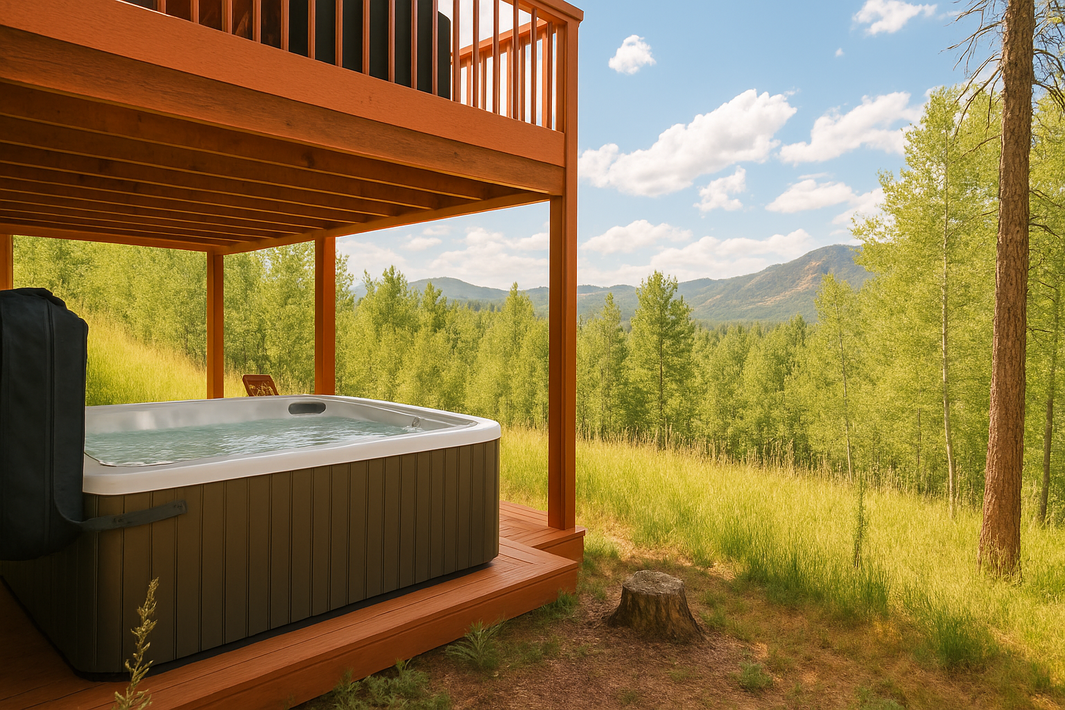 Soak in your private hot tub while taking in breathtaking mountain and forest views from your peaceful deck retreat.