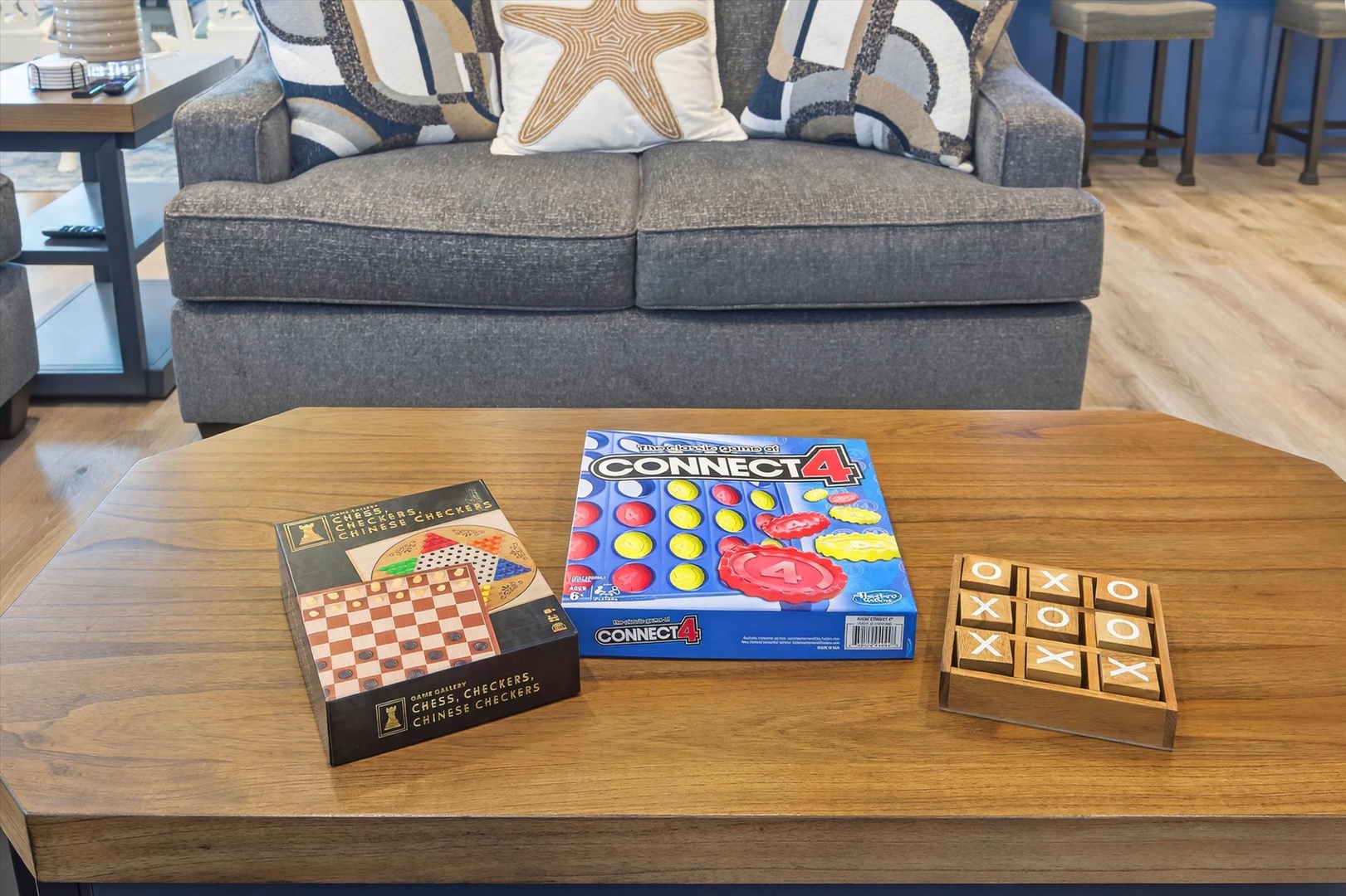 Gather around the coffee table for classic games like Connect 4 and checkers, creating perfect moments for friendly competition.