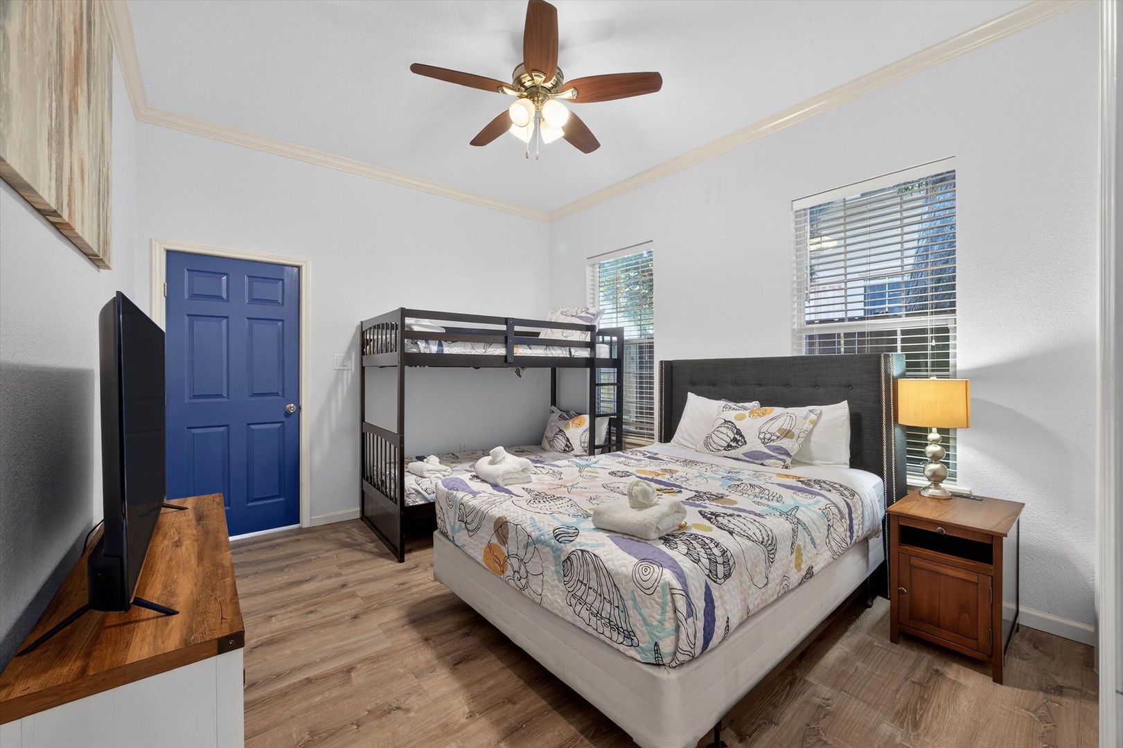 Sleep peacefully in your comfortable bedroom featuring a queen bed and bunk bed, perfect for families or groups traveling together.