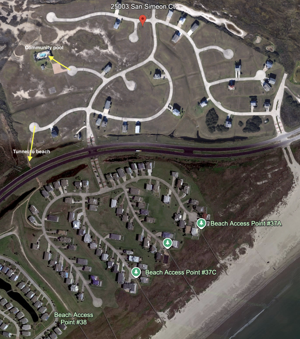 Pointe San Luis map shows location of community pool and the tunnels to the beach