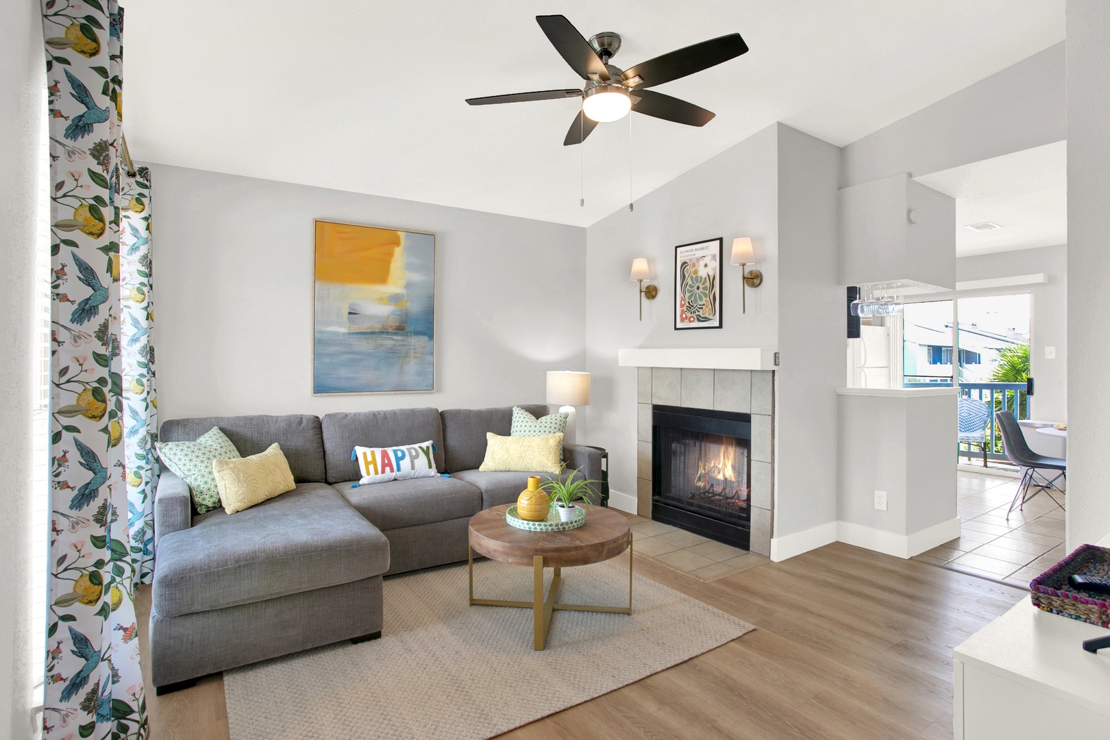 Cozy living room with soaring ceilings.