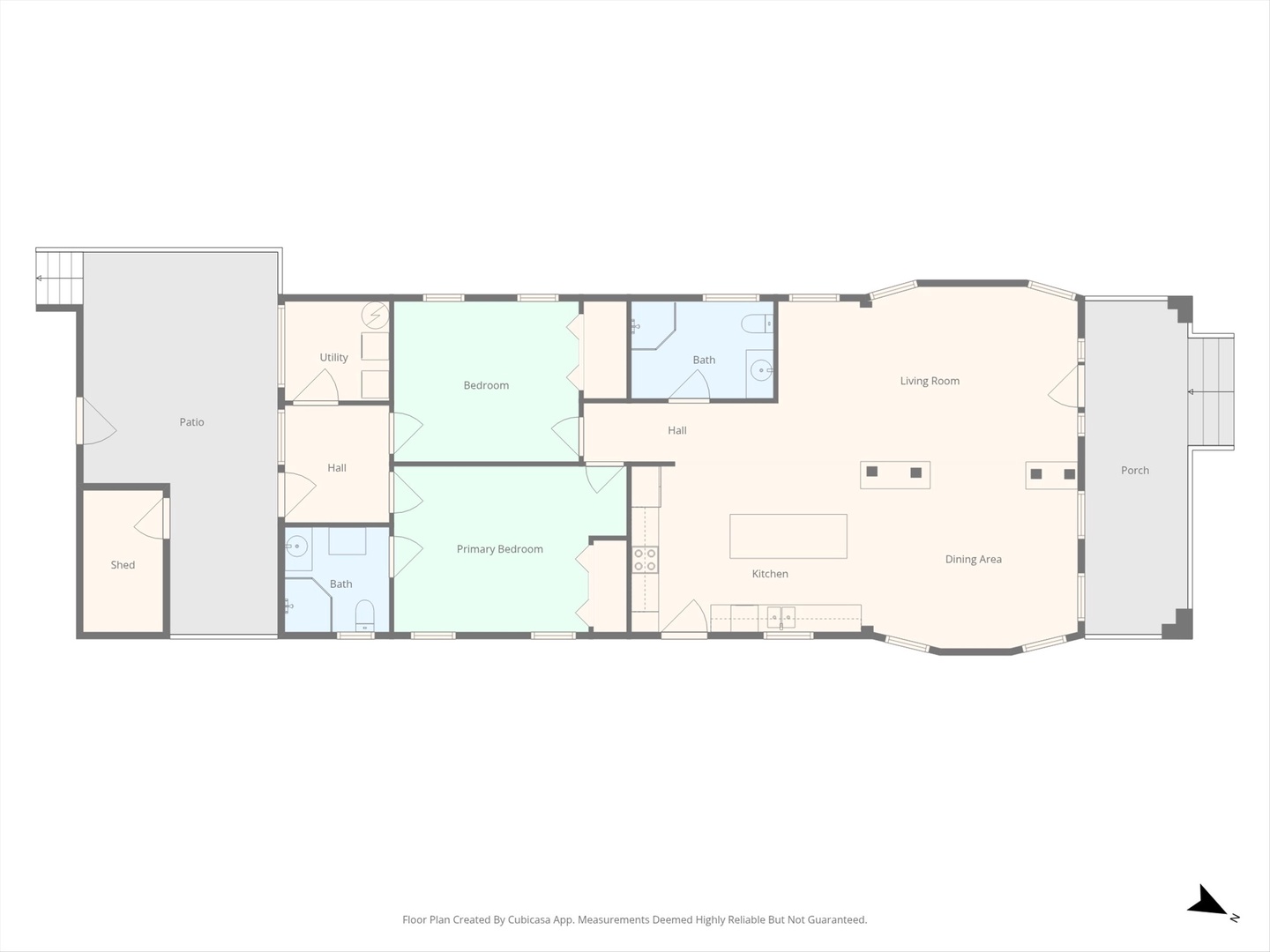 See the thoughtful layout of your vacation home with two bedrooms, full kitchen, living areas, and outdoor patio space.