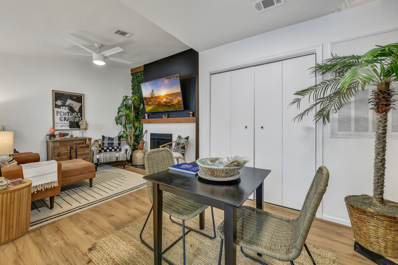 Bright retreat with warm wood tones and greenery