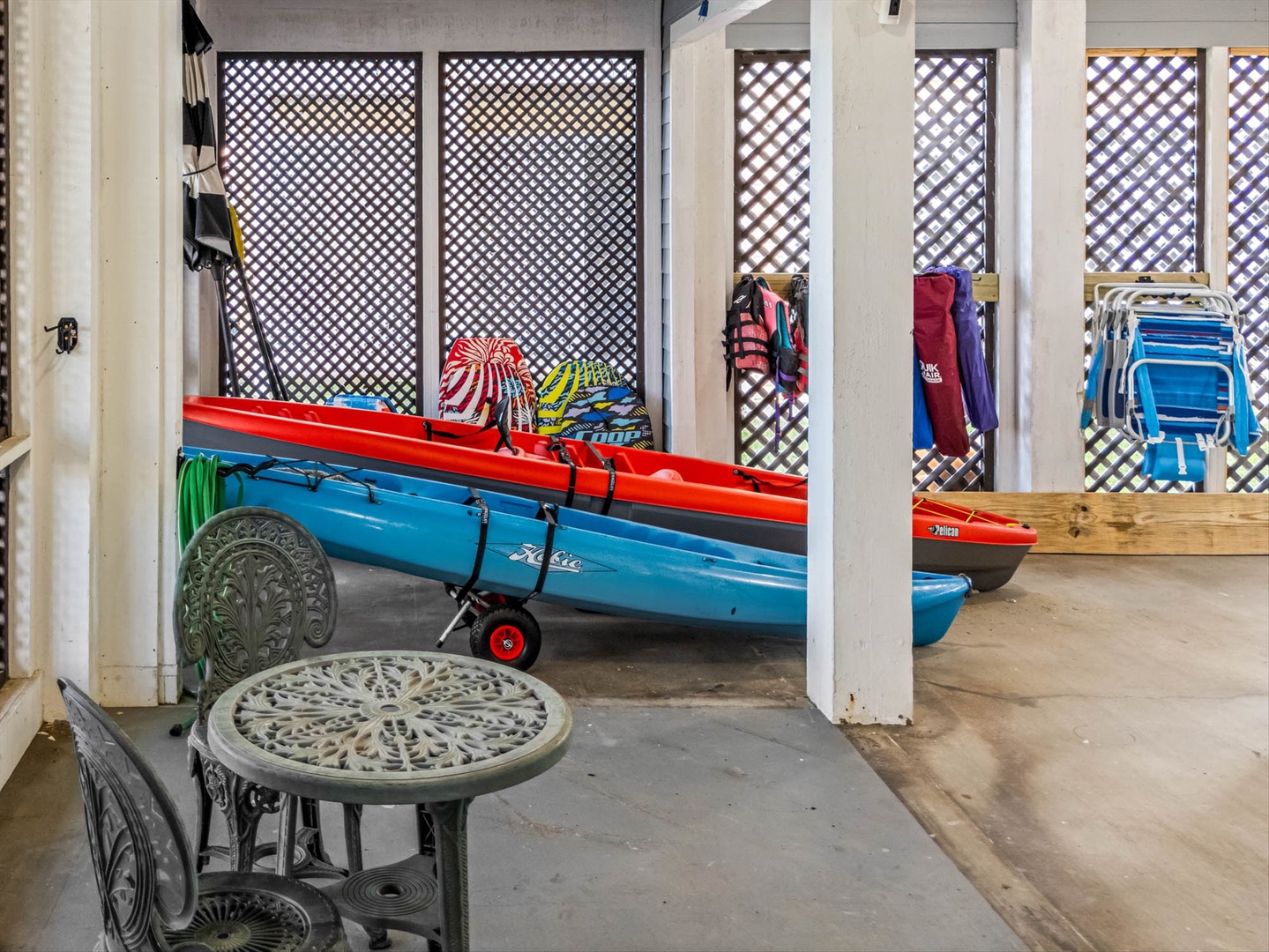 Colorful kayaks with storage for your equipment.