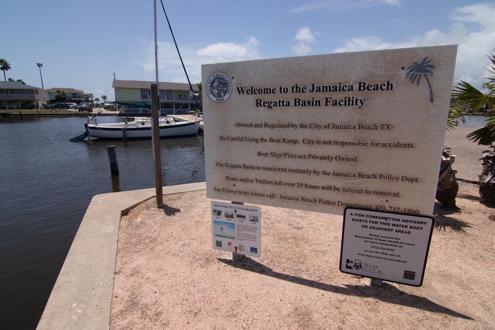 Welcome sign at Jamaica Beach Regatta Basin Facility.