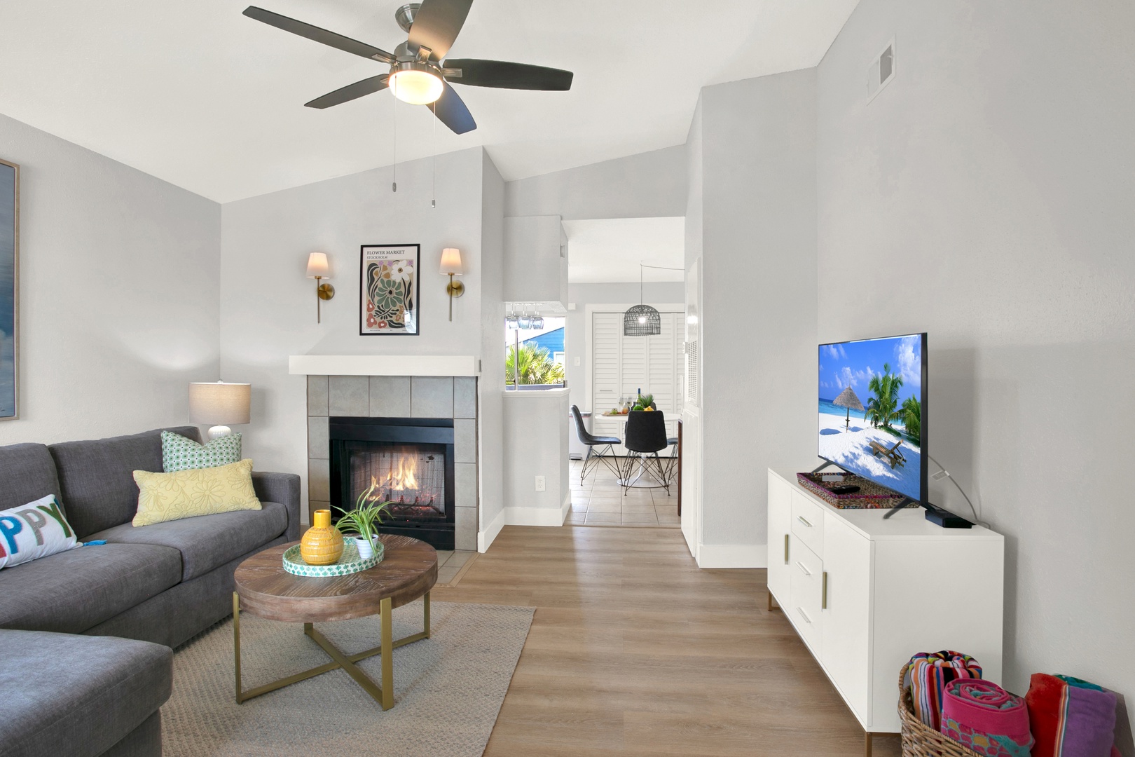 A serene living room escape with fireplace warmth