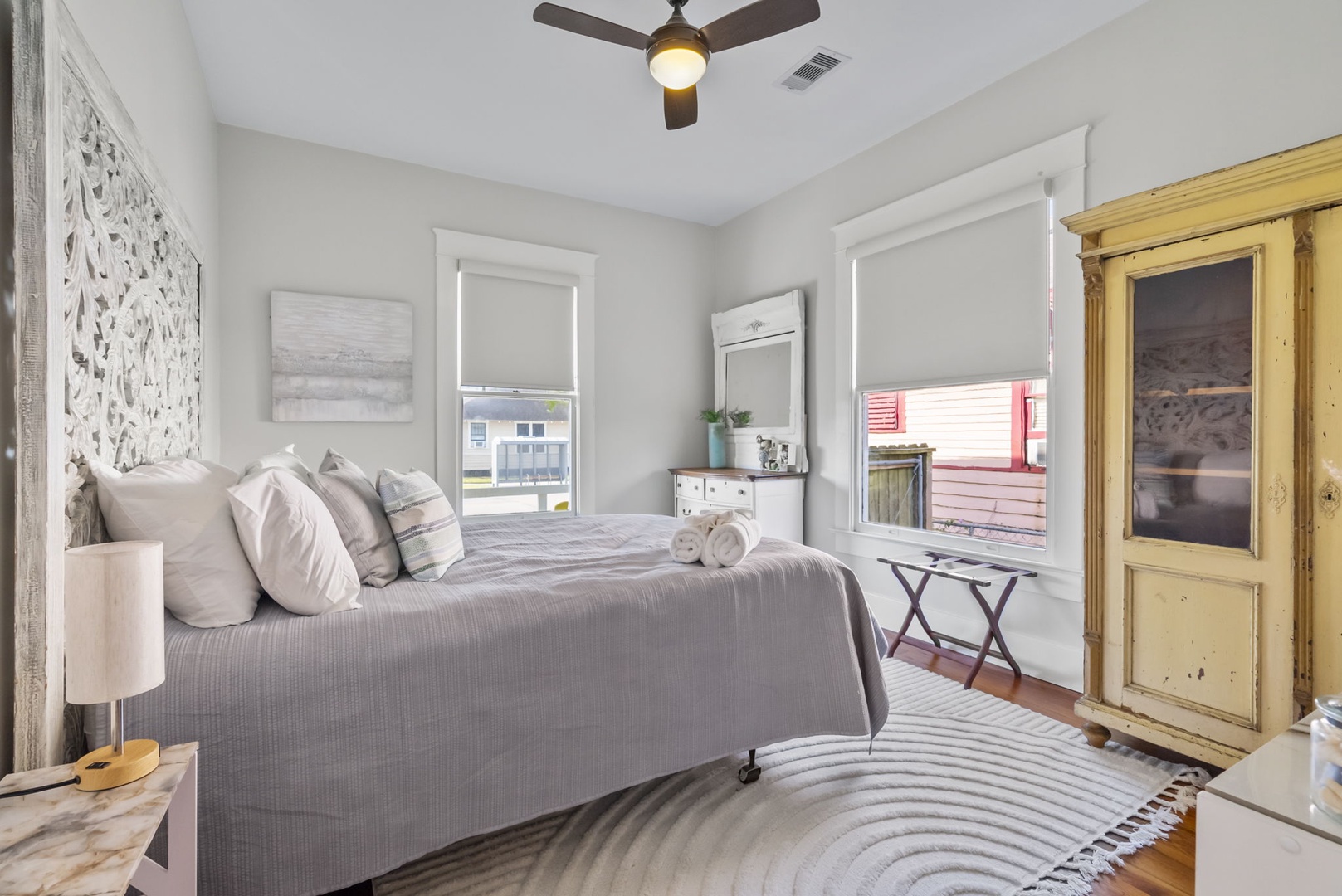 Serene bedroom with crisp linens and natural light.