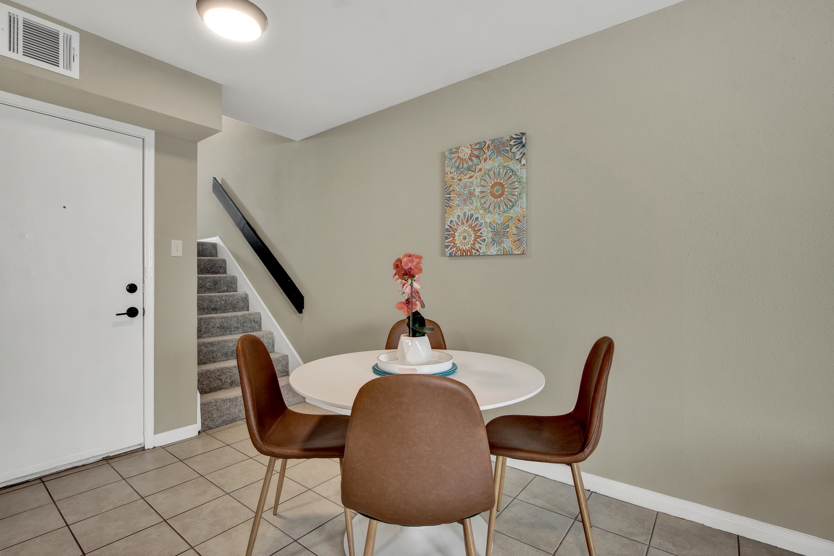 Inviting dining nook for family meals and chats.