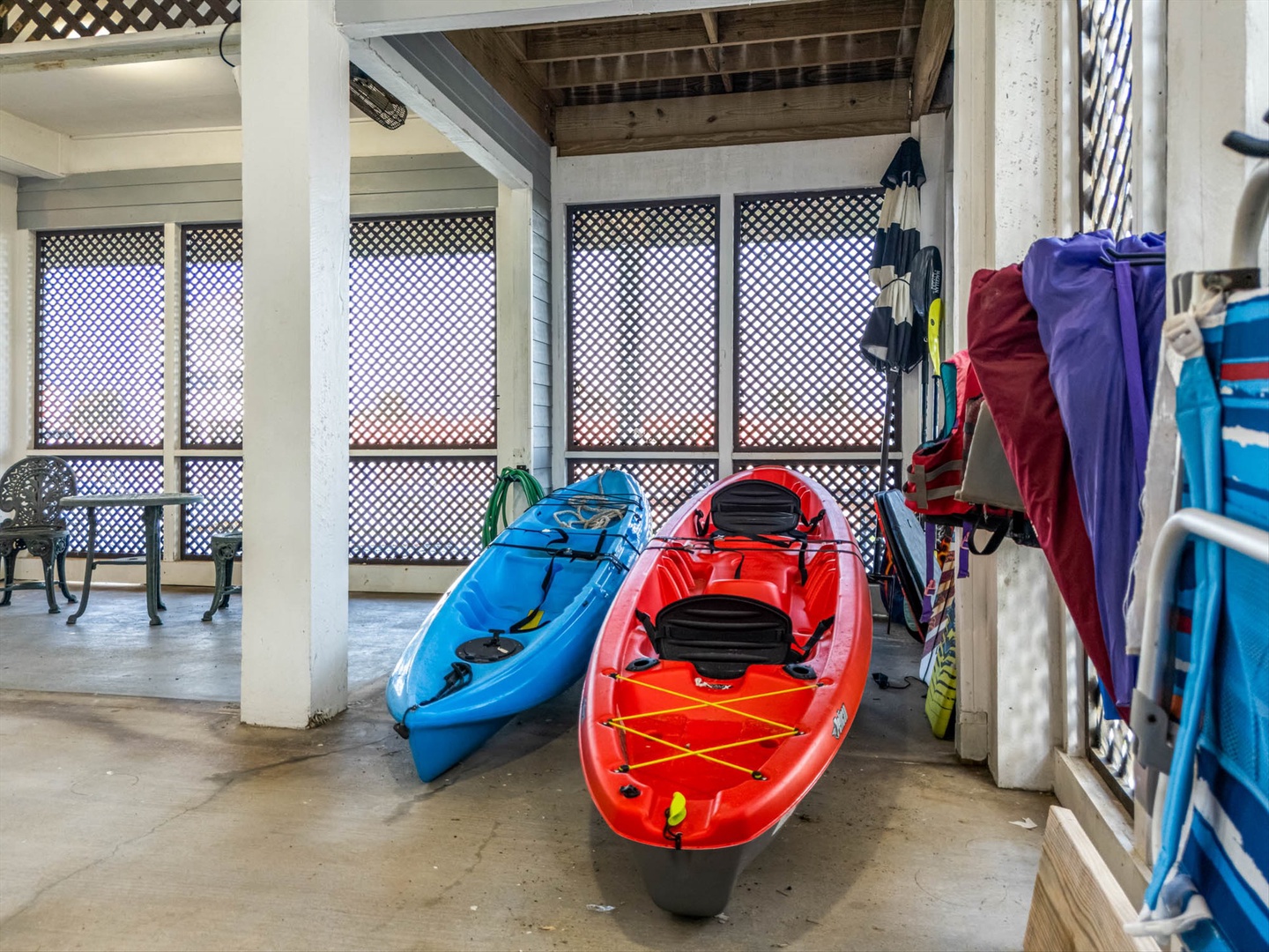 Kayaks ready for your next waterfront paddling adventure.