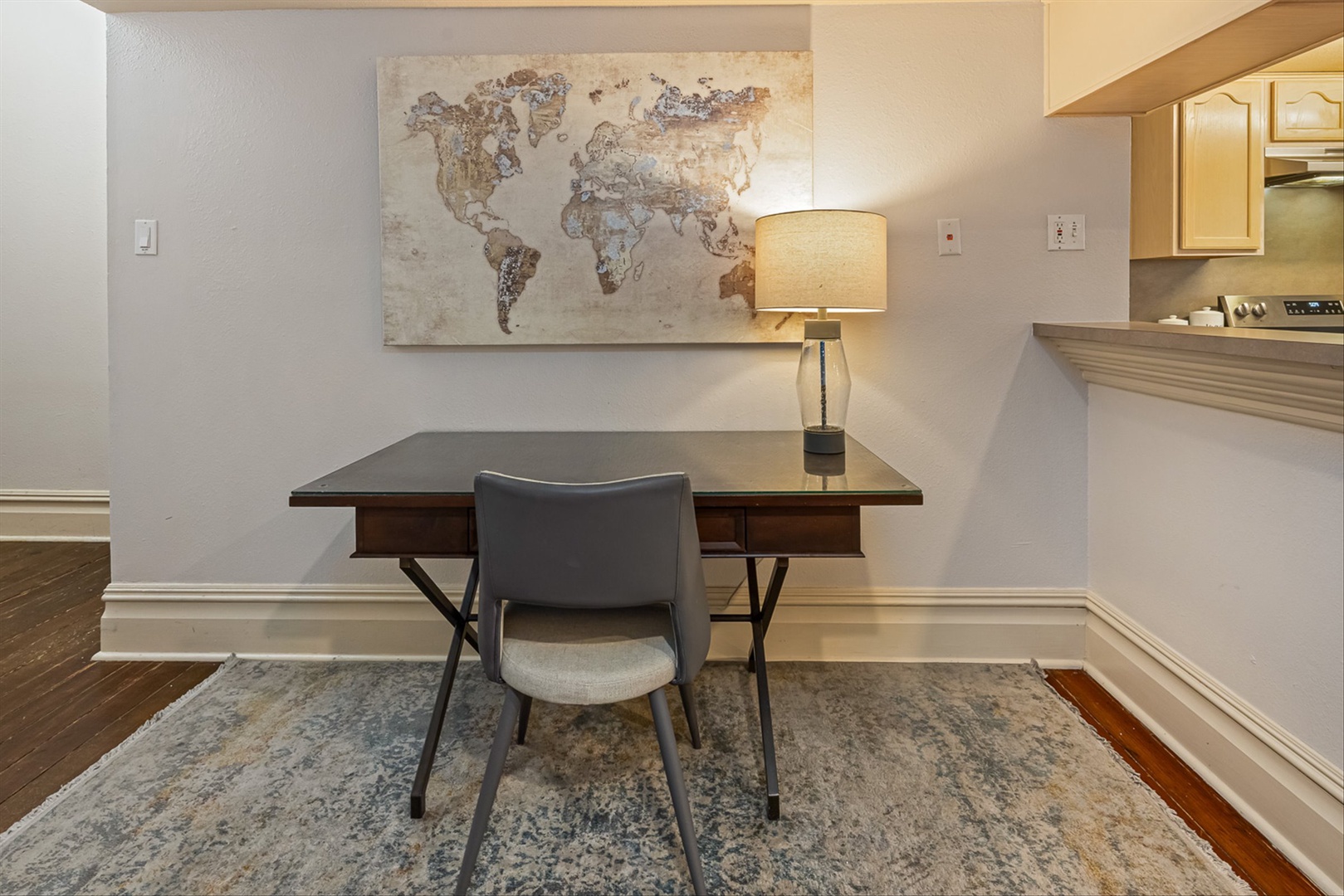 Work in style with a modern desk and comfortable chair in the dedicated work space.