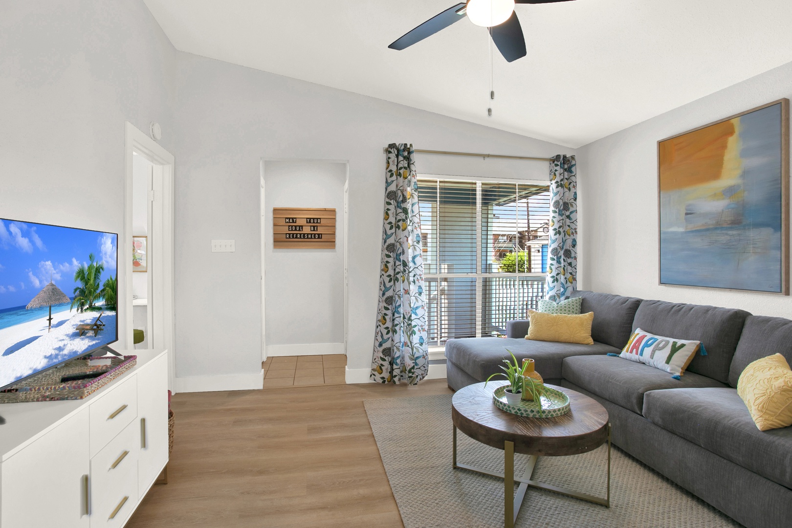 Cozy living room with natural light and comfort