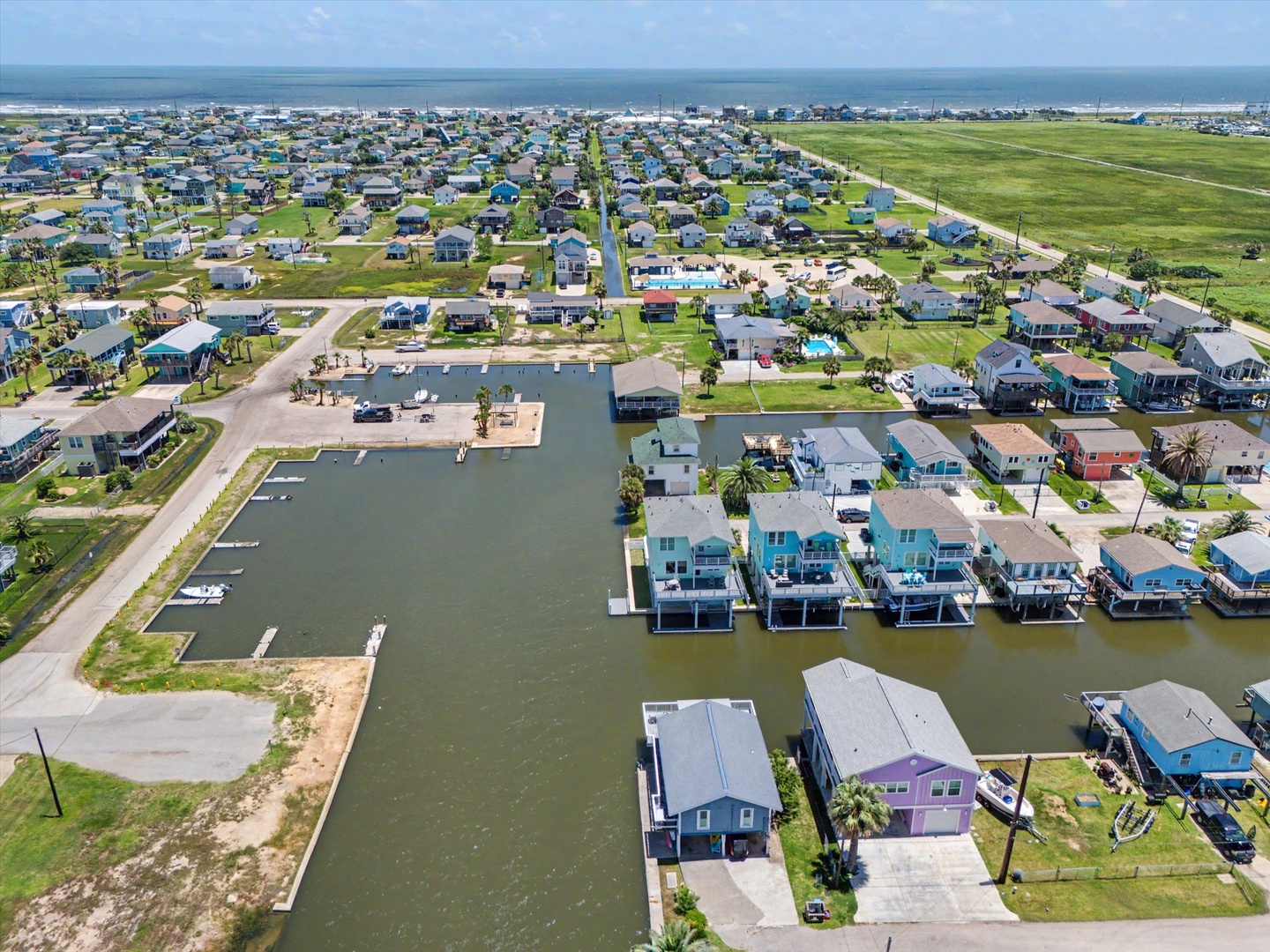 Aerial view of a coastal waterfront community.