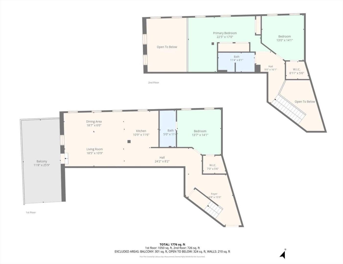 Two-story floor plan with bedrooms, baths, and balcony.