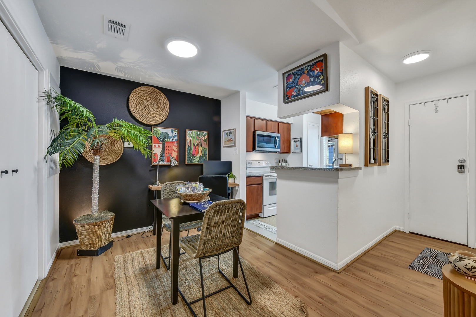 Stylish open living space with cozy dining nook