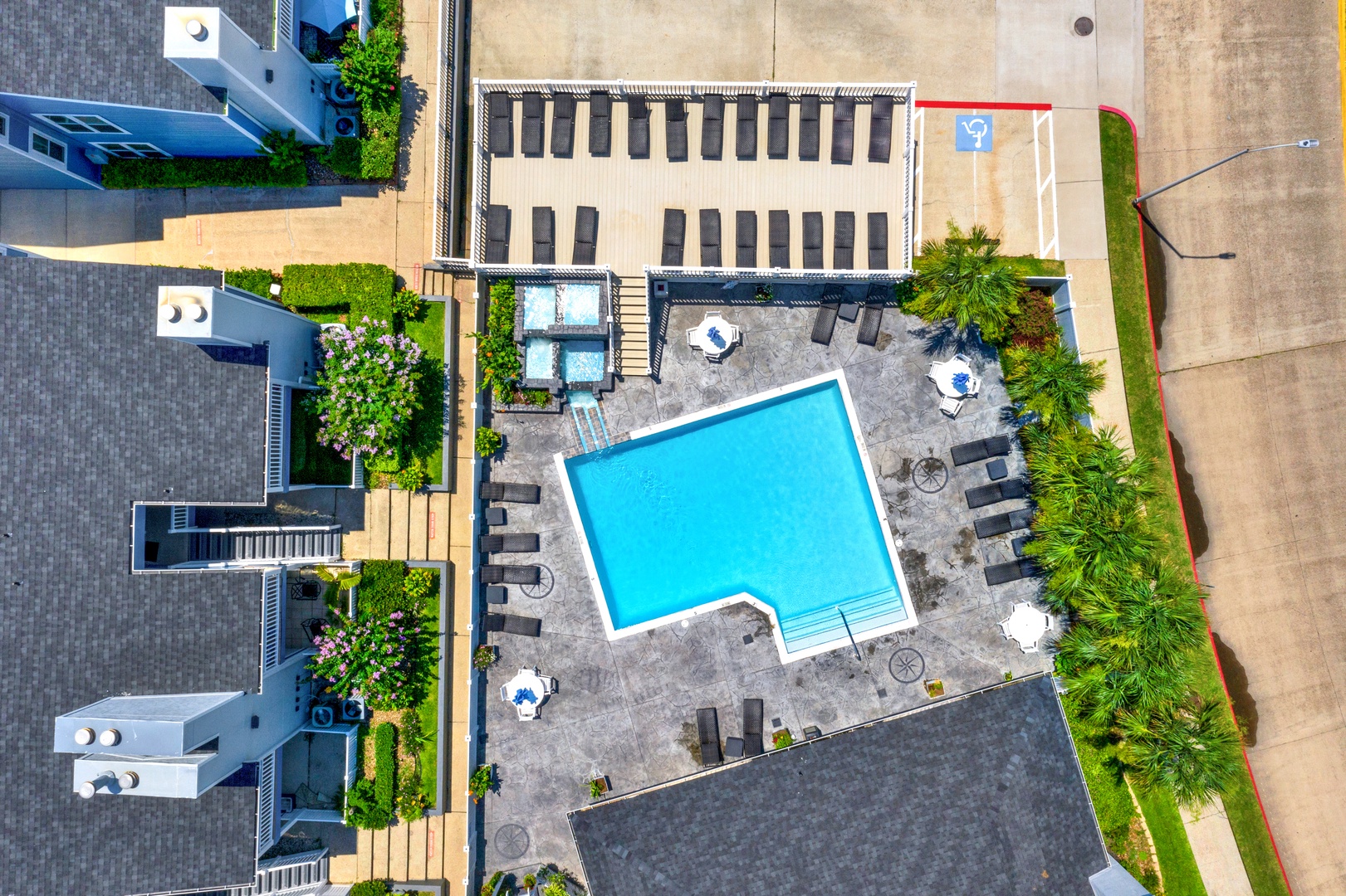 Aerial view of pool, lounge & tropical landscaping
