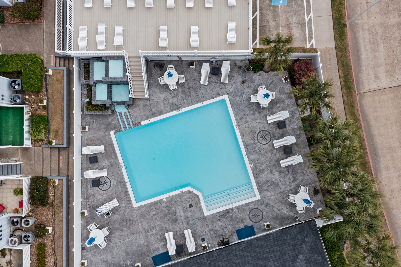 Aerial pool view with palms and loungers