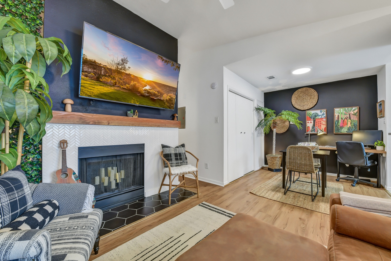 Cozy fireplace and leather armchair for relaxing