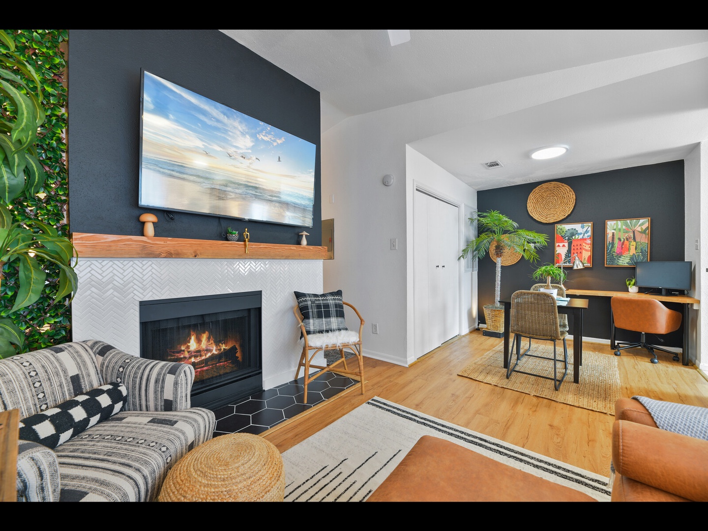 Cozy living space with fireplace and modern style