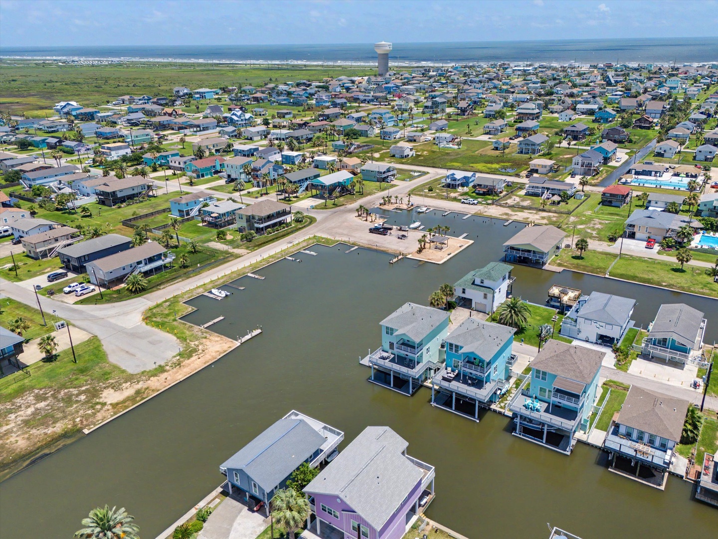 Aerial view of waterfront vacation homes.