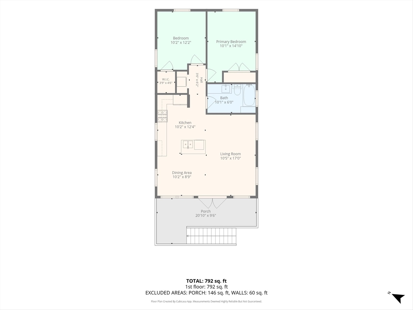 Two-bedroom layout with open kitchen and front porch
