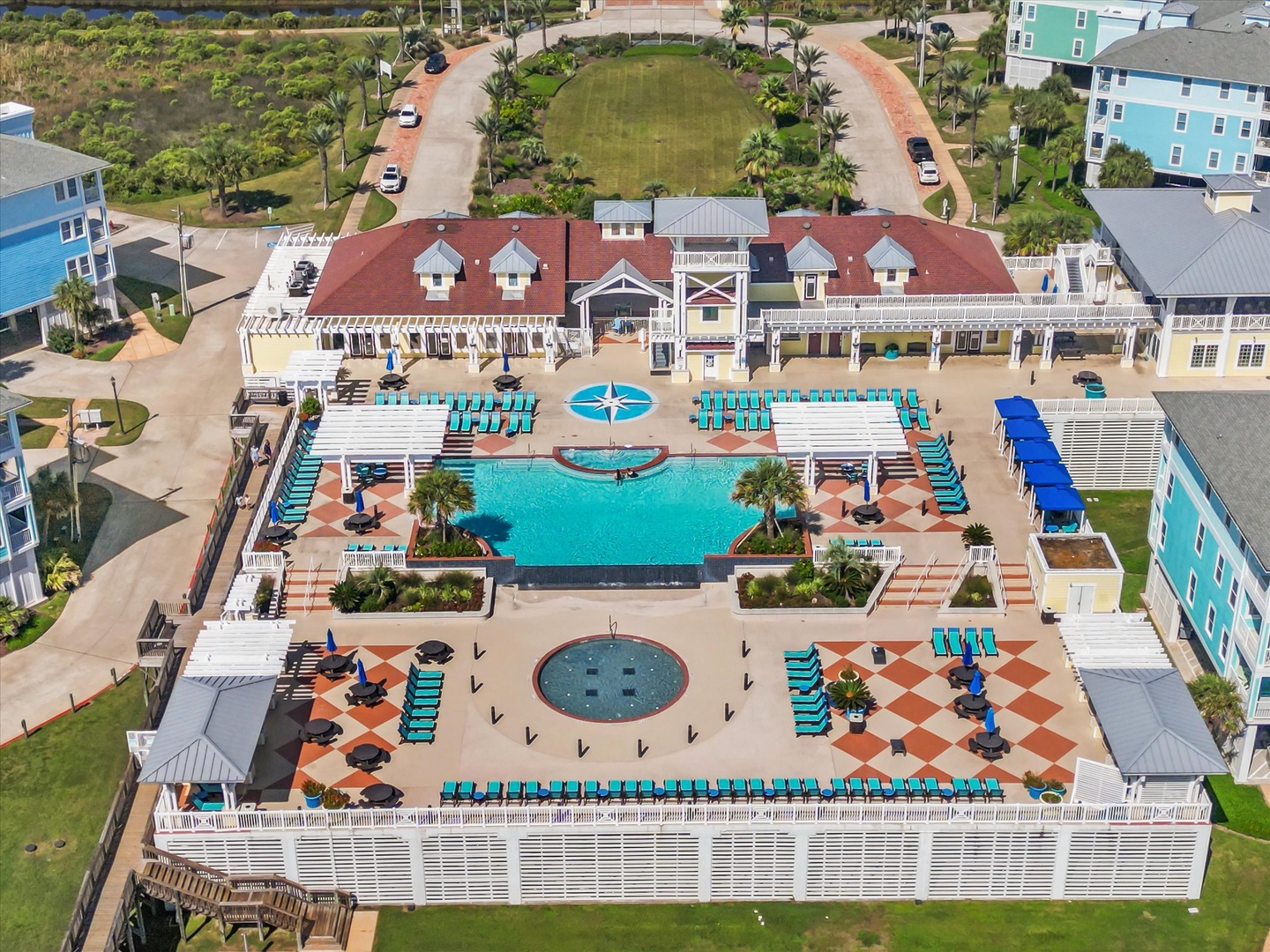 Aerial look at the nearby resort pool and hot tub area.