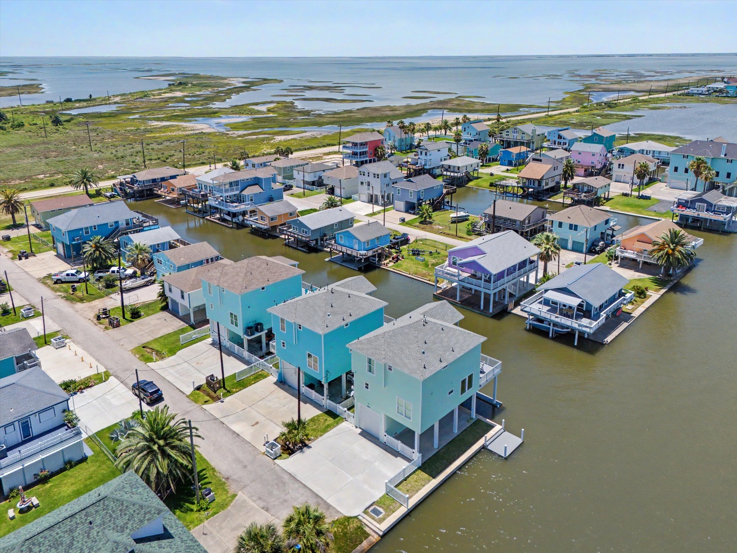 Aerial view of a waterfront community.