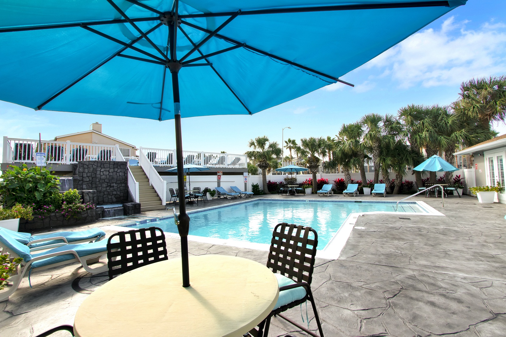 Palm-lined pool with loungers and shaded tables.