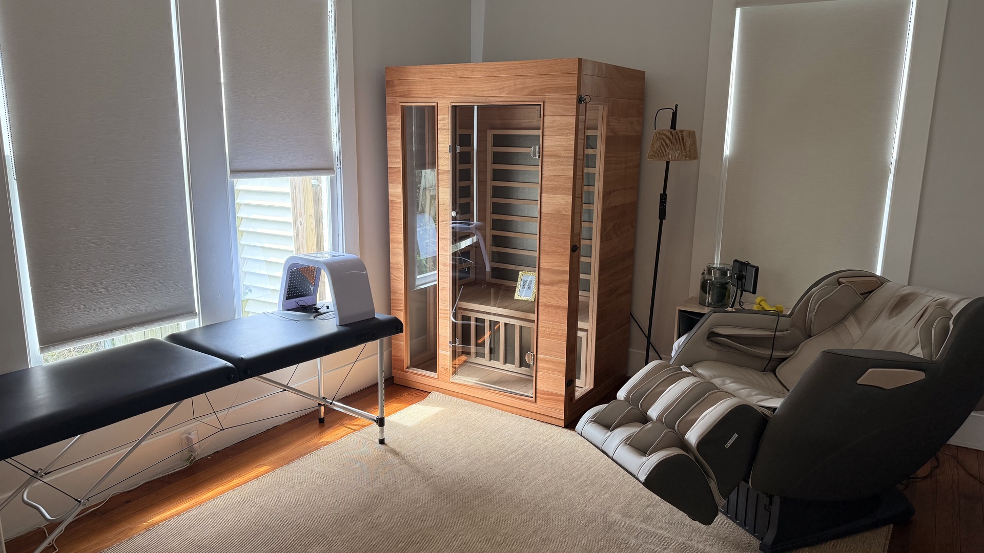 Treat yourself to a personal wellness retreat with your own sauna and massage chair—perfect for unwinding after a day of exploring.