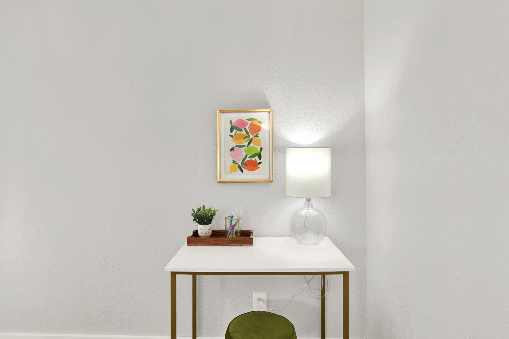 Modern home office corner with cozy details