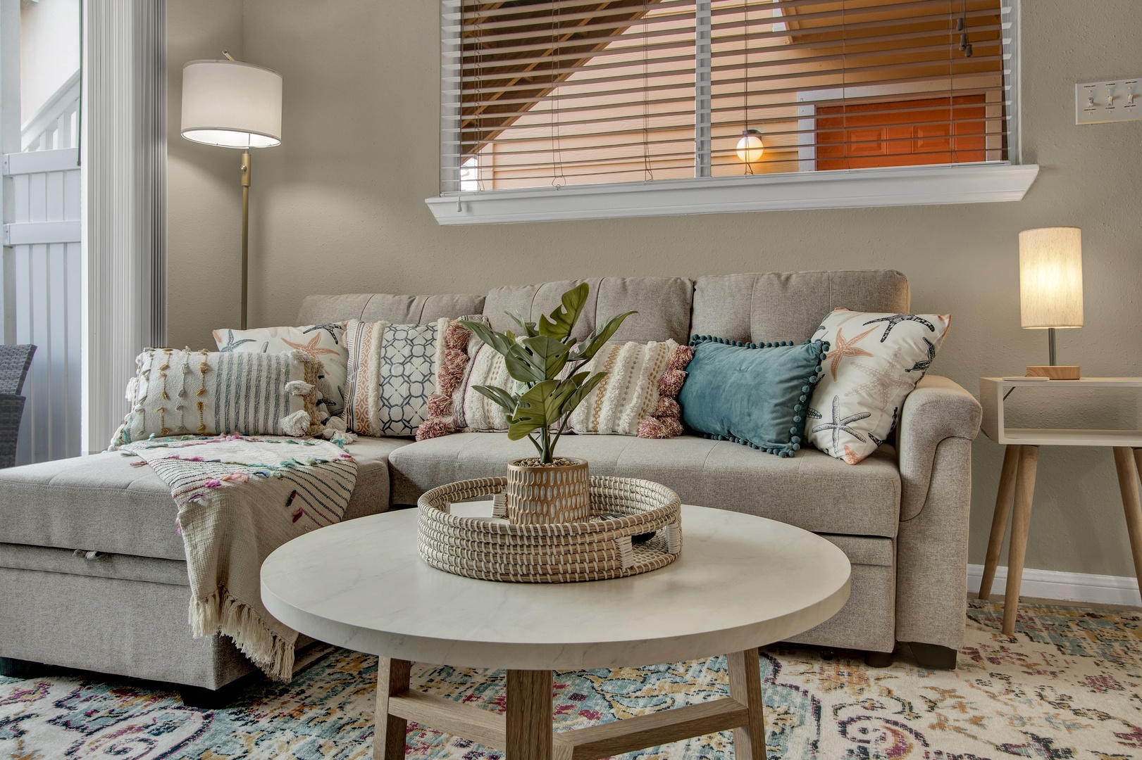 Relax in a cozy living room with soft lighting.