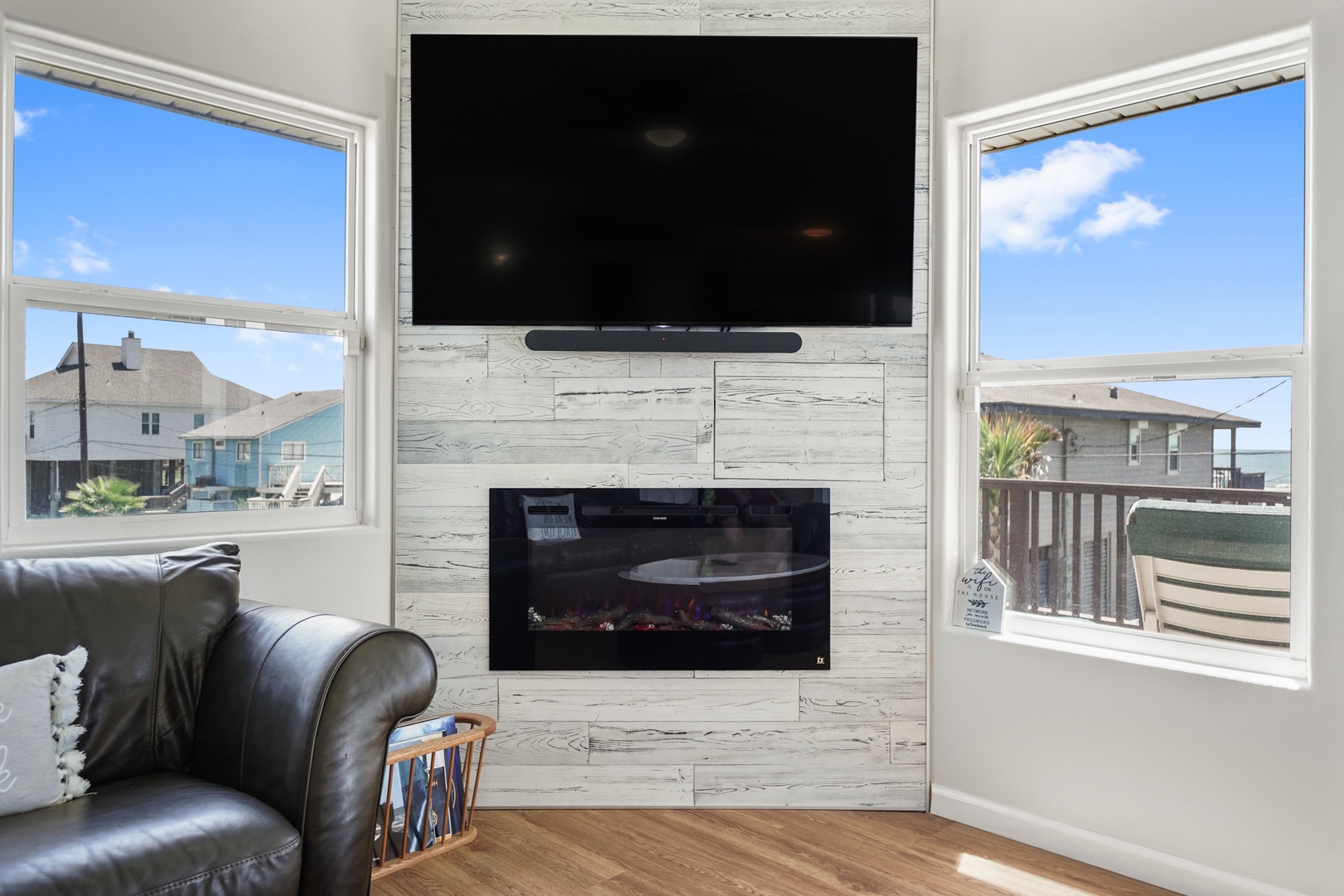 Sunlit living room by the shore