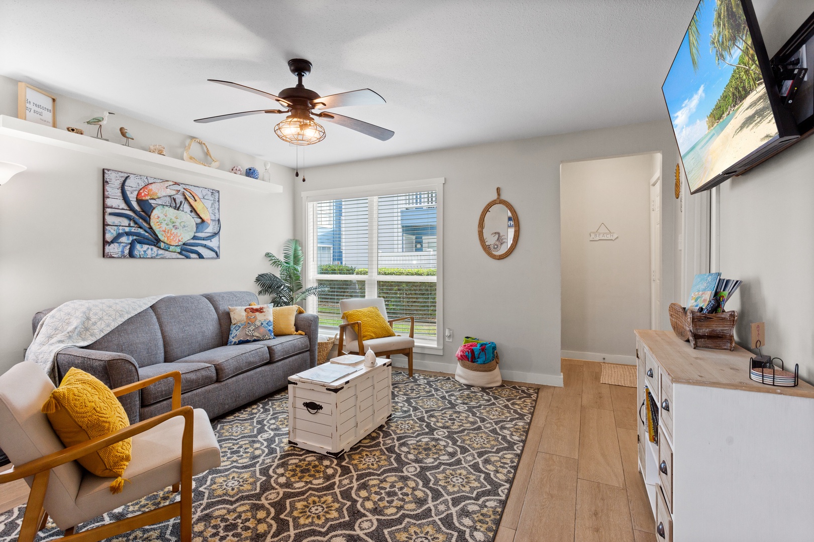 Bright coastal retreat with cozy comfort