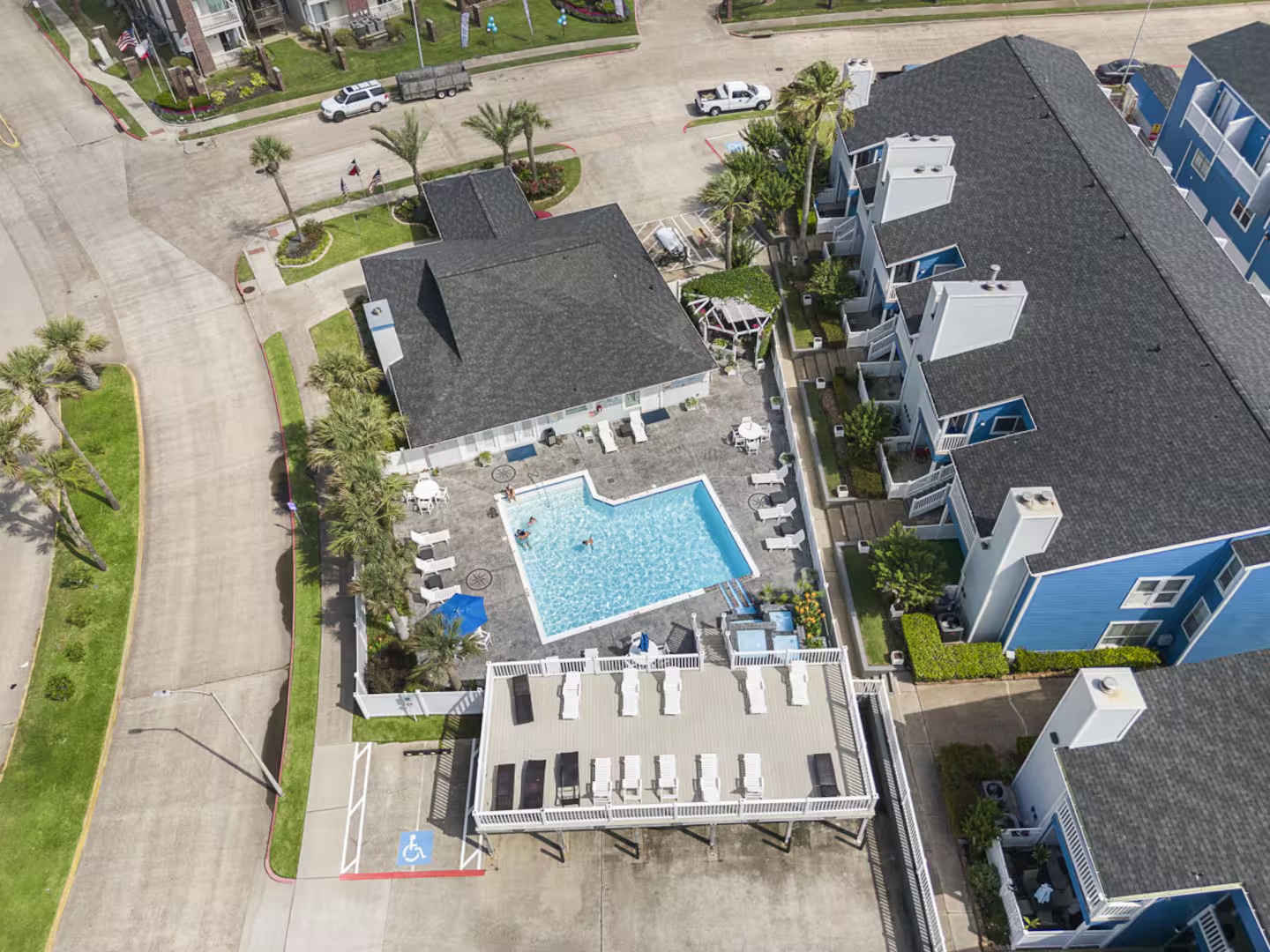 Aerial view of palm-lined pool and neighborhood.