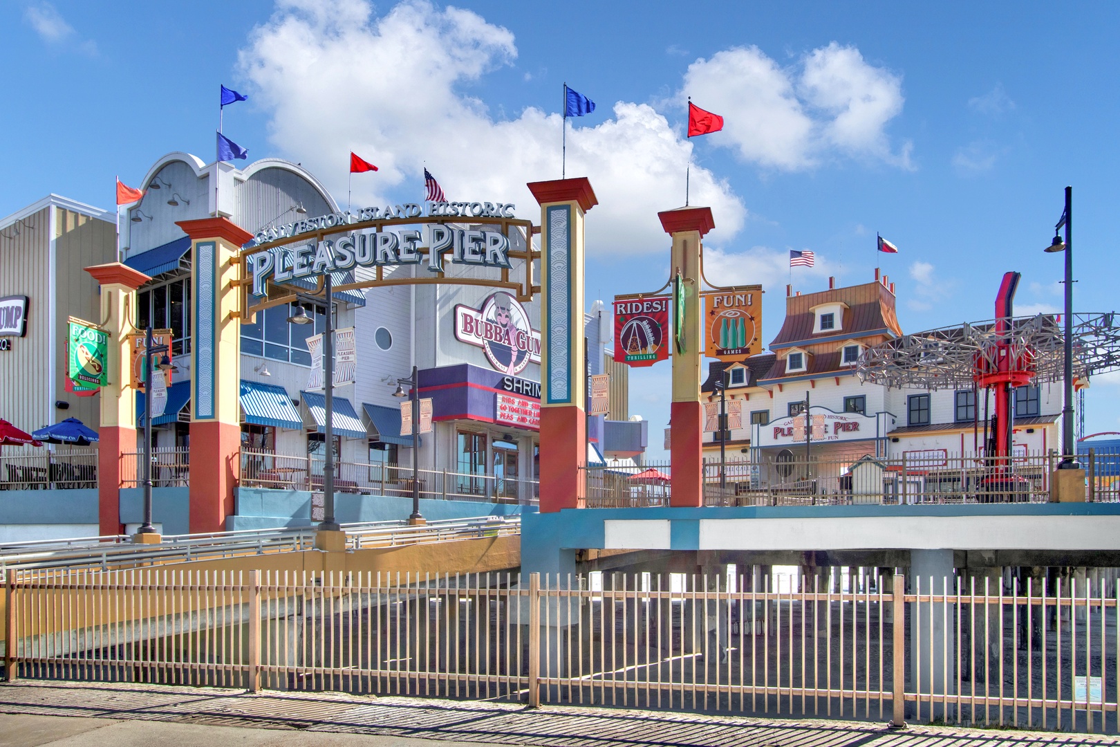 Pleasure Pier with rides and seaside fun.