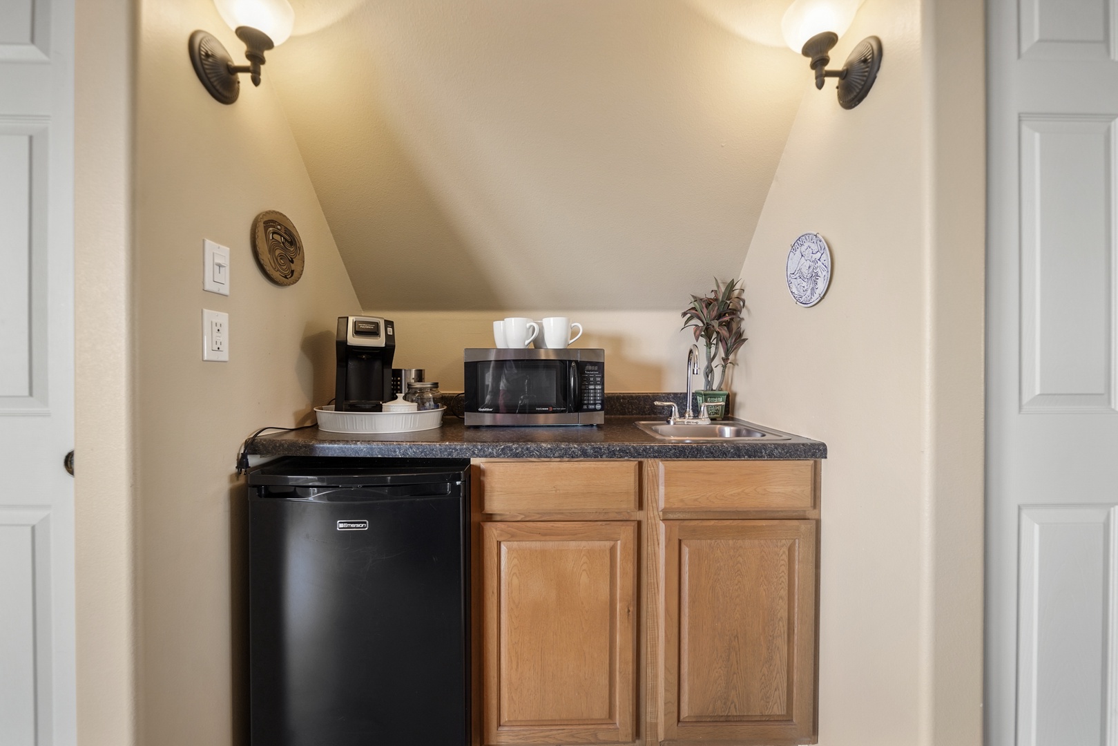 Kitchenette nook with Keurig and mini-fridge