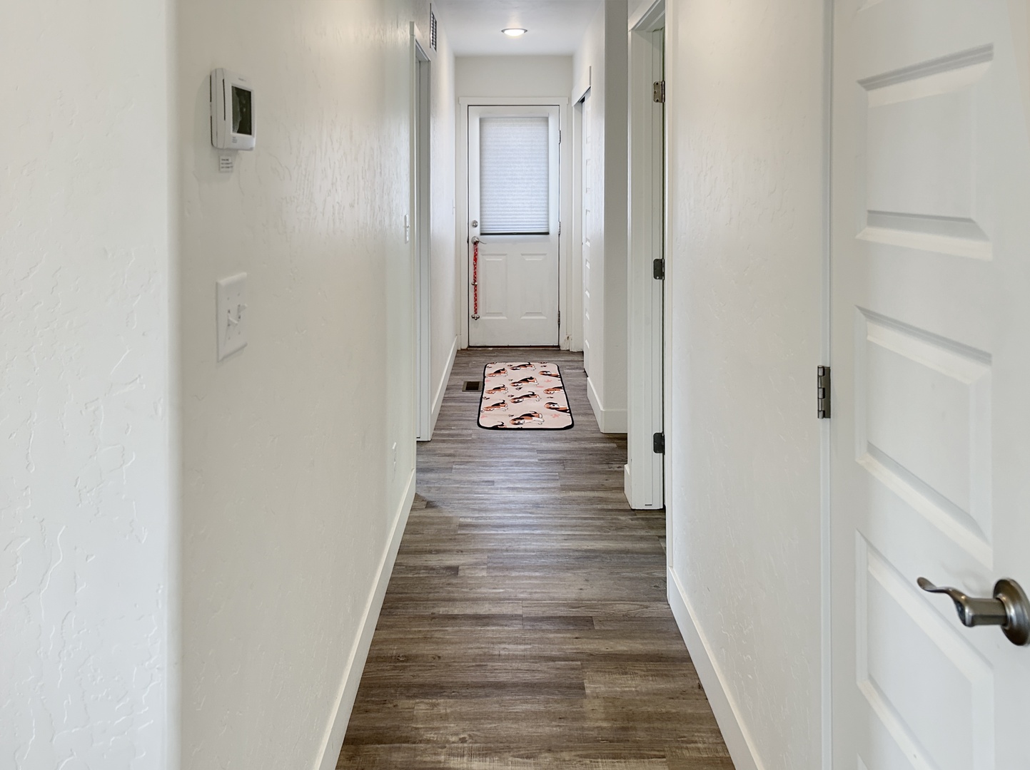 Step into your bright, modern hallway with gleaming hardwood floors and fresh white walls that create a welcoming first impression.