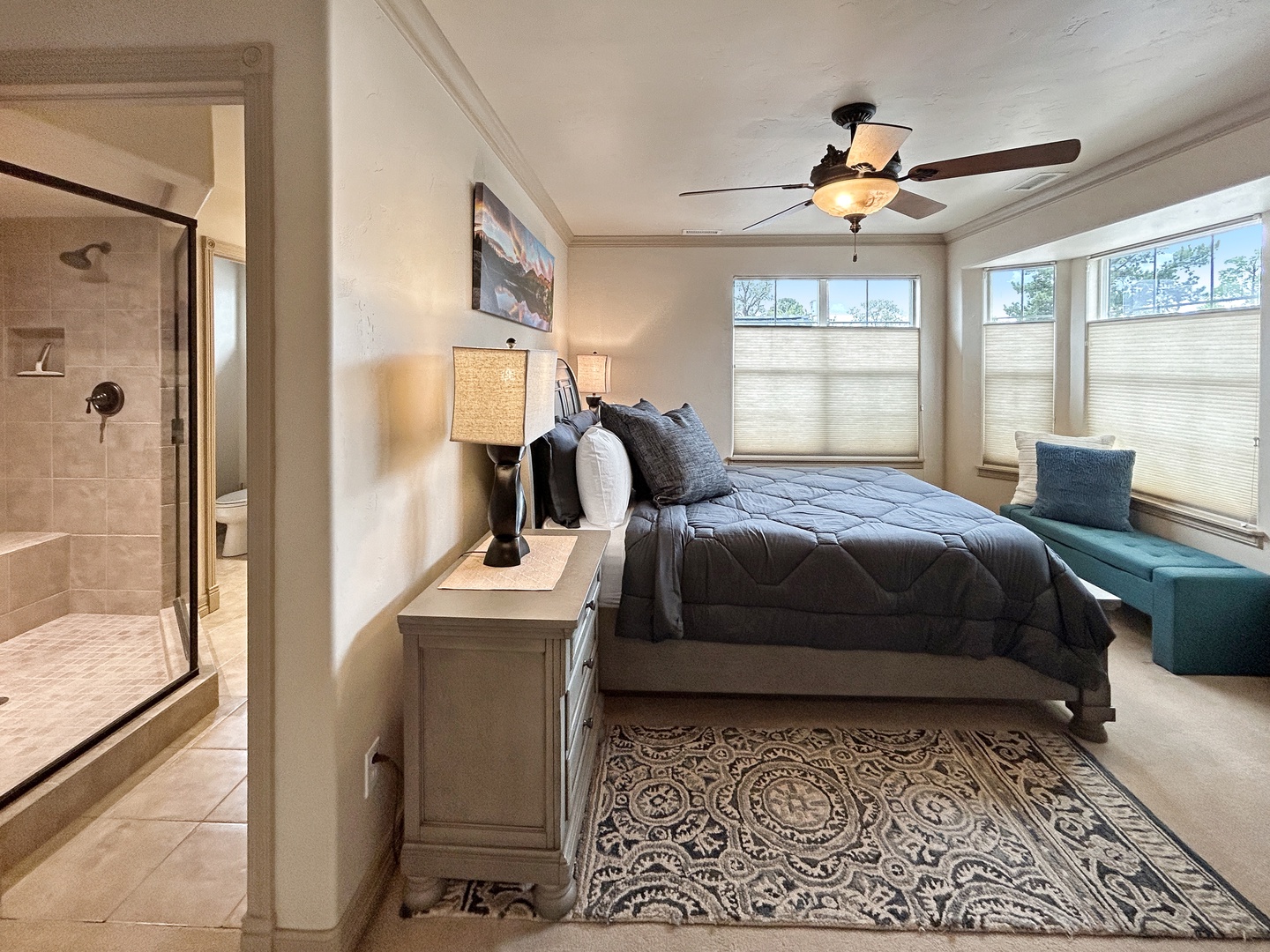 Comfy second floor bedroom with queen bed, walk-in closet and private full en suite bathroom