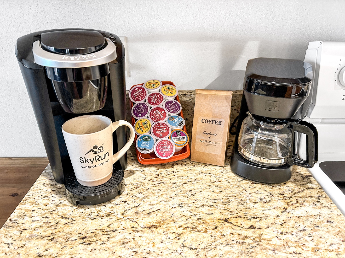 Keurig and drip coffee available for guests.