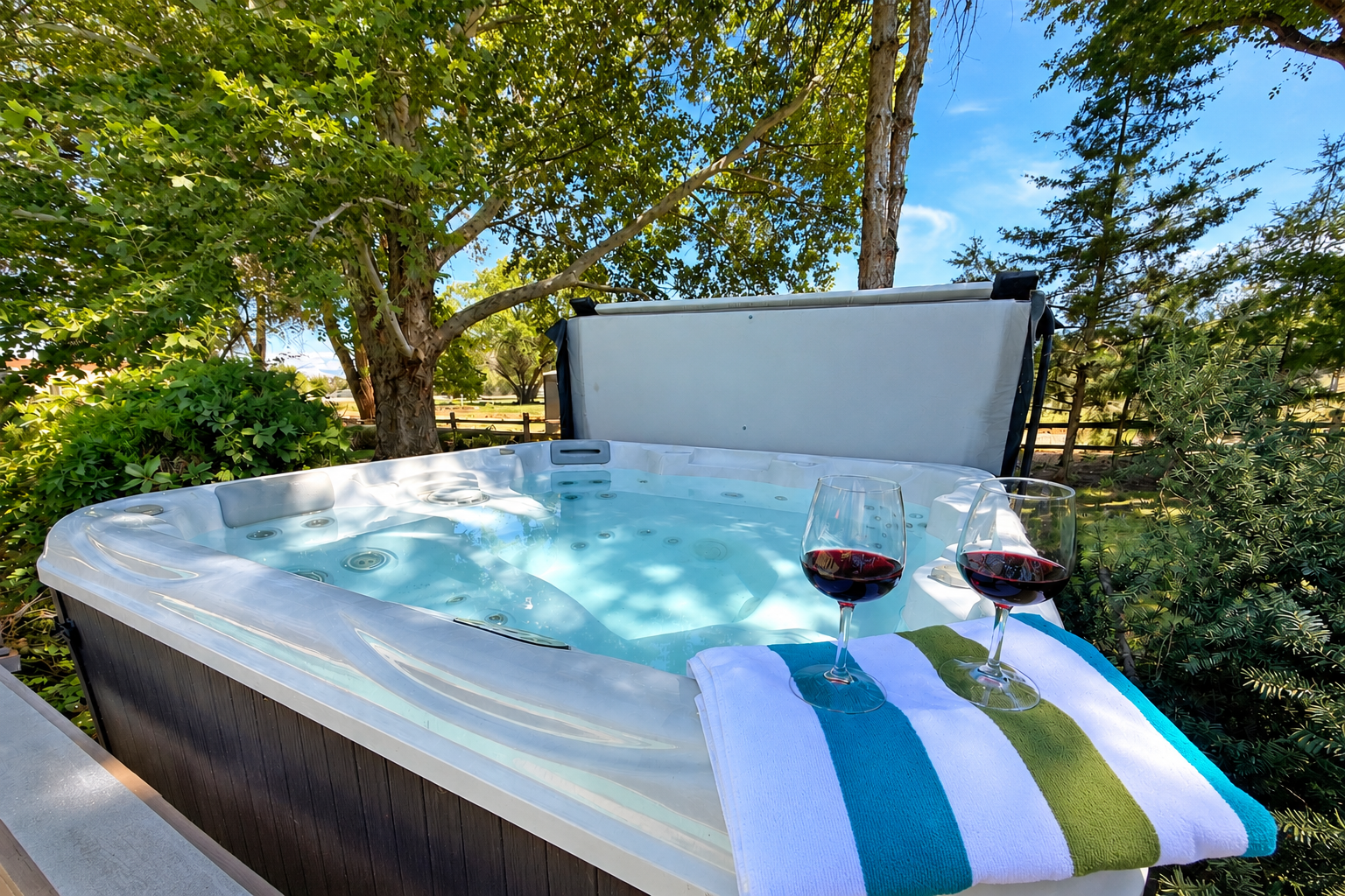 Unwind in your private hot tub with bubbling jets, a glass of wine, and peaceful garden views—your perfect retreat after a day of exploring.