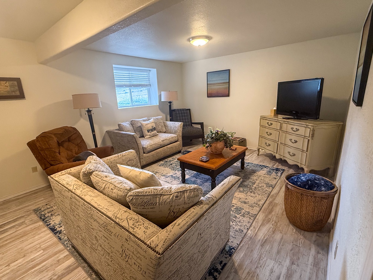 Settle into this cozy living room for a family movie night