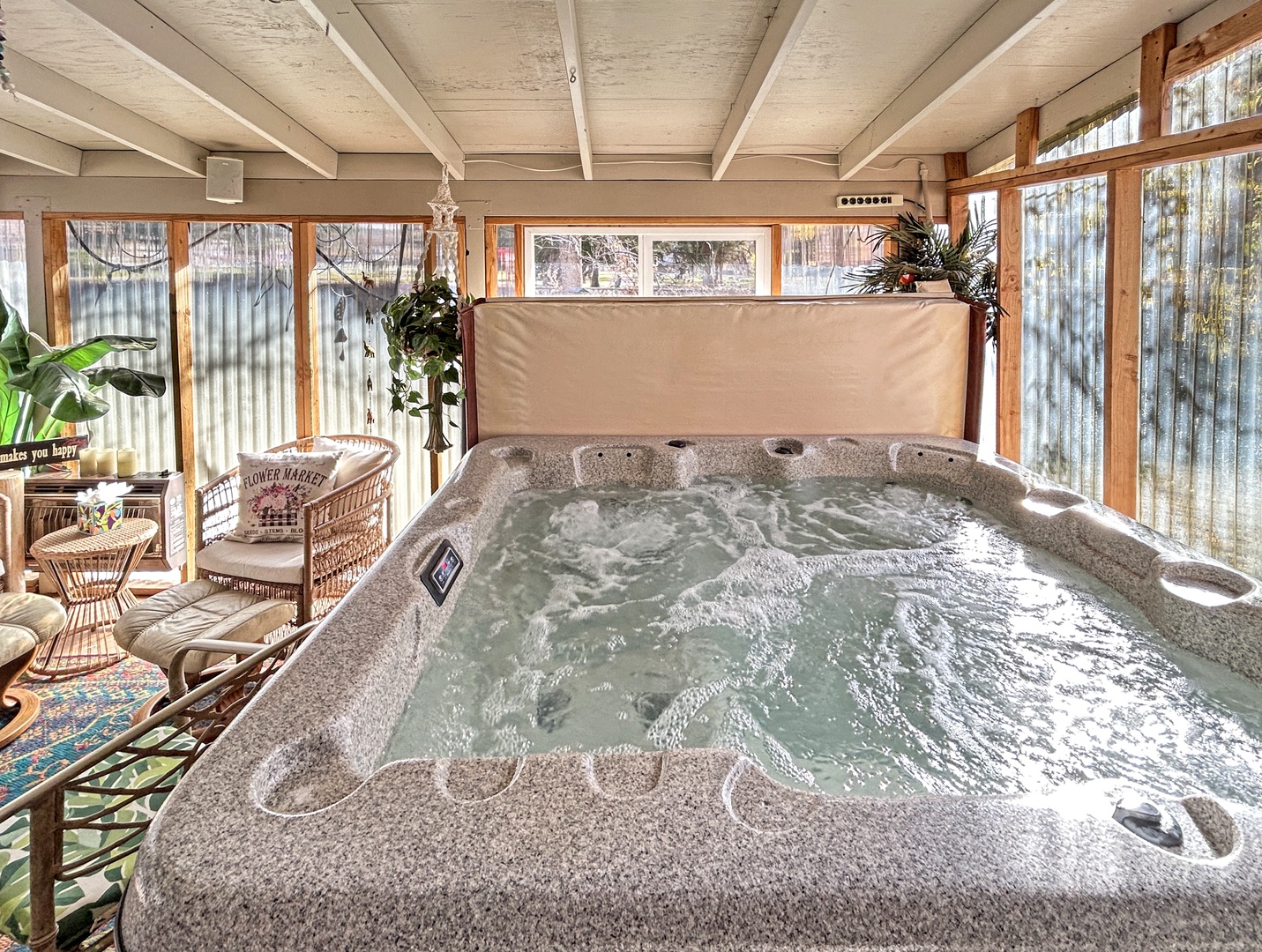 Hot tub, Sunny private oasis with bubbling waters and lush comfort.