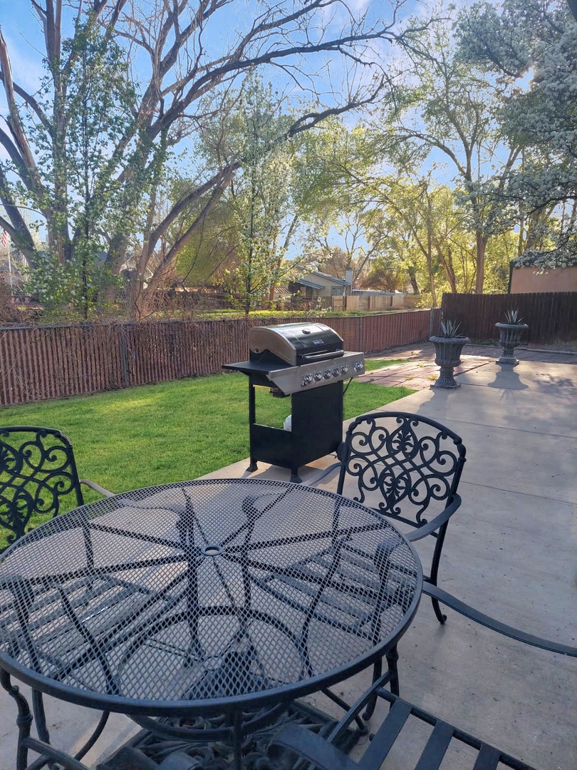 Step onto your private patio where outdoor dining and grilling await under towering trees in this peaceful backyard retreat.